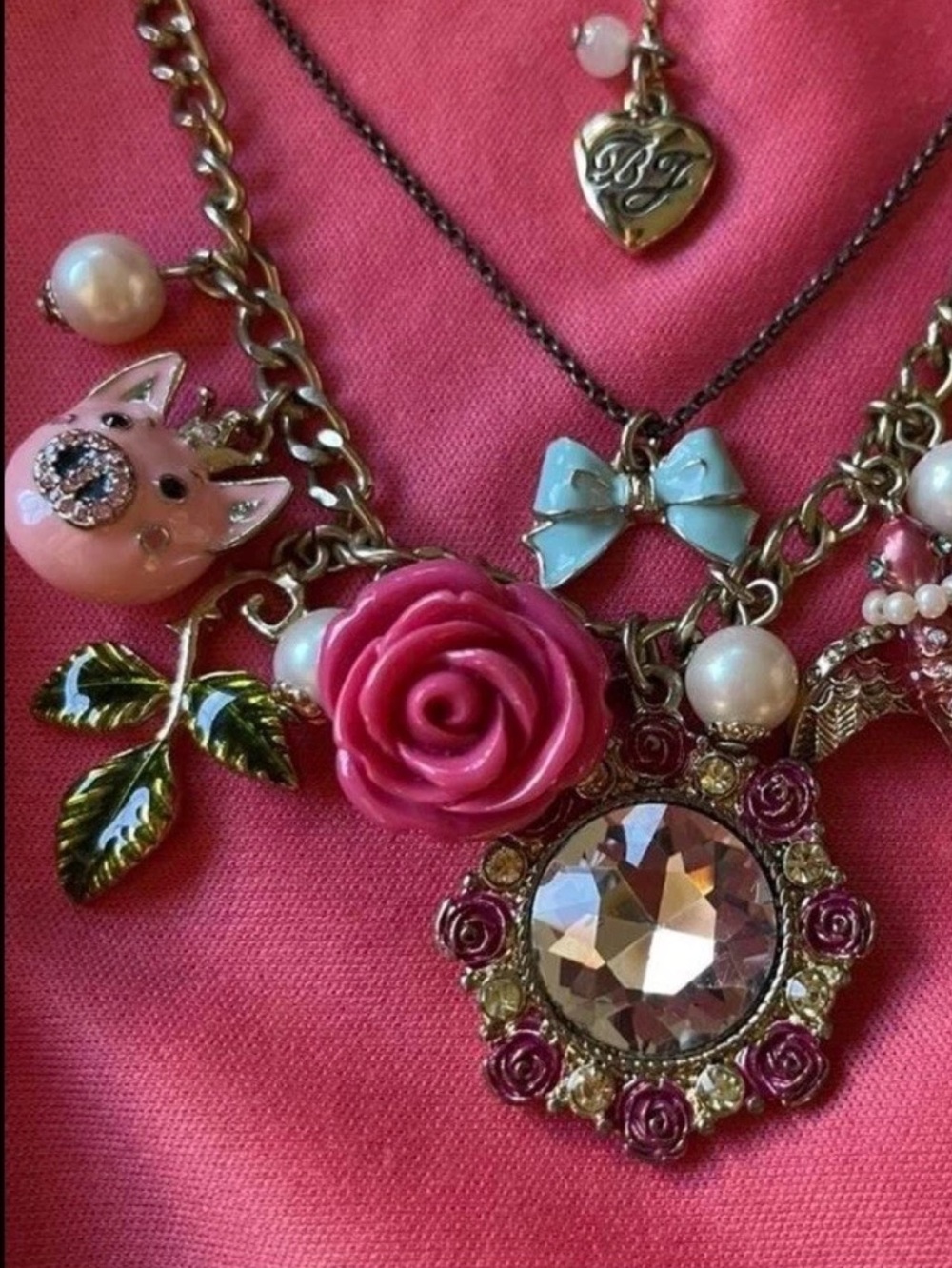 Vintage Betsey Johnson Pink Floral & Charm Statement Necklace - Picture 5 of 6